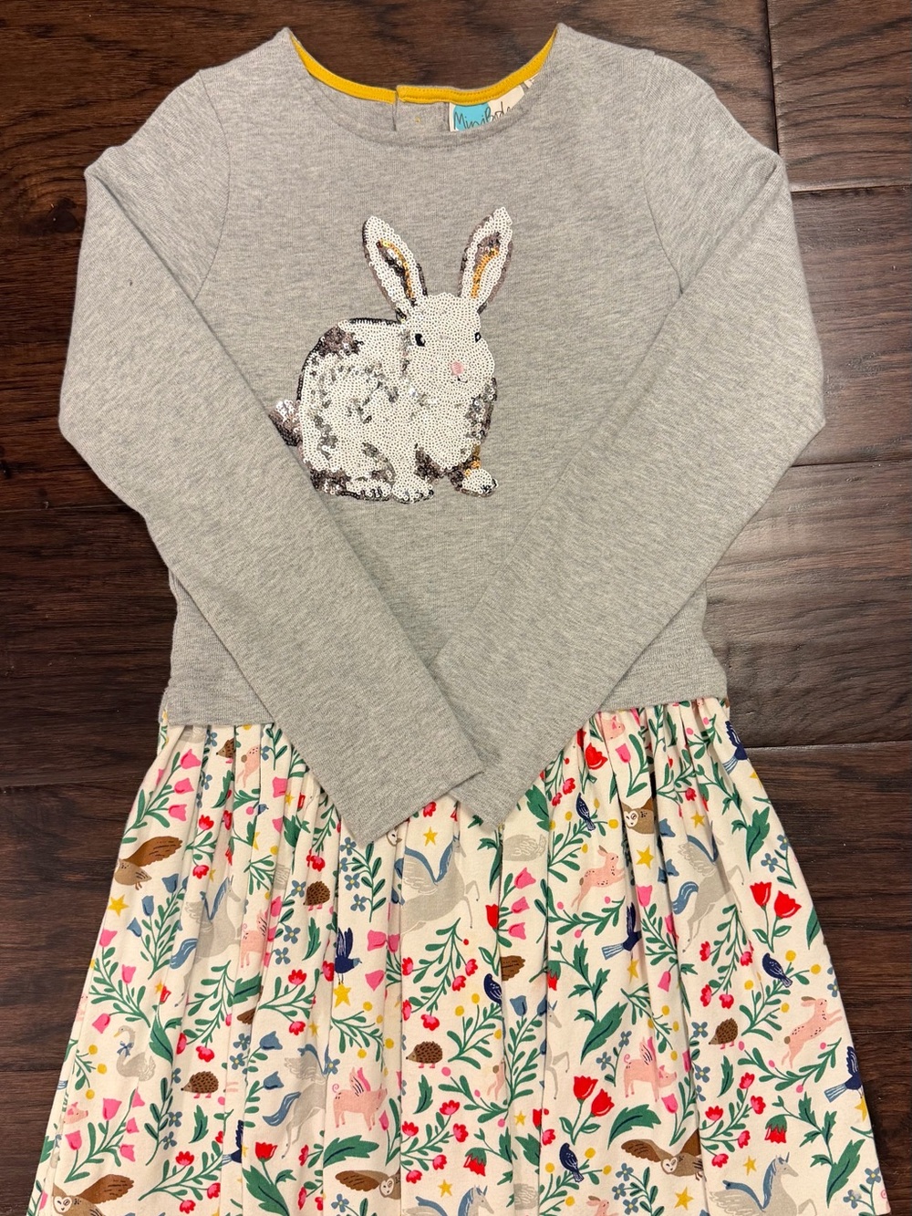 Mini Boden Grey Top with Sequined Bunny and Cream Multi Print Skirt Pajama Dress